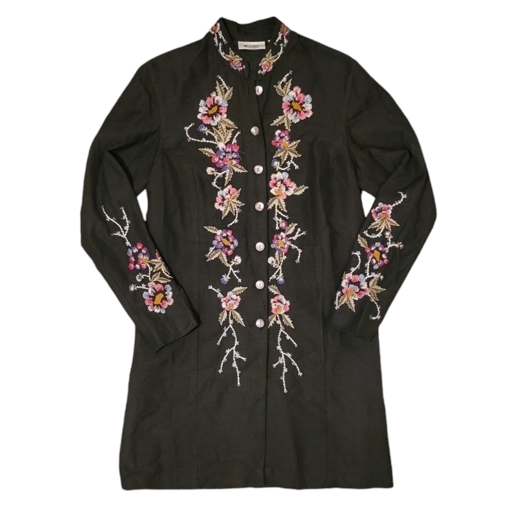Units Silk Duster Jacket Mandarin Collar Embroidered Mother Pearl Buttons Boho - Picture 2 of 13
